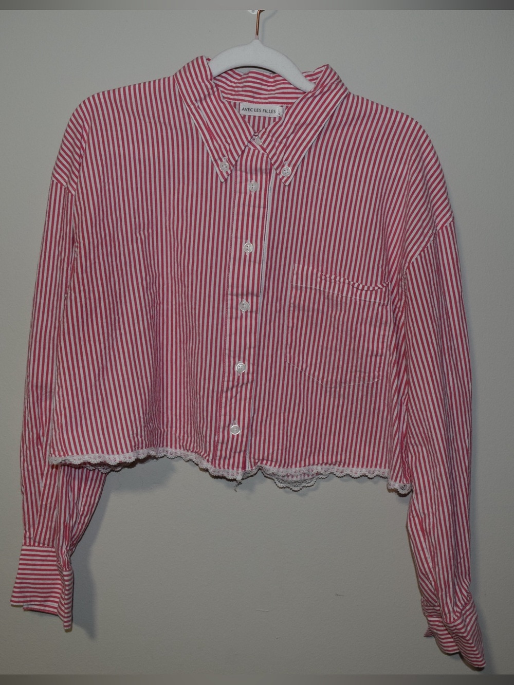 Avec Les Filles Pink and White Striped Button Down Shirt With Lace Detail Size L